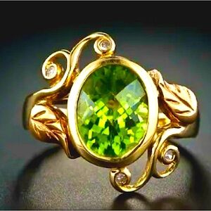 Leaf Scroll Green Checkerboard Boho Mermaid Look Ring